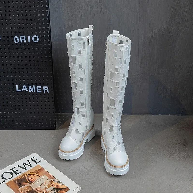 Модные ковбойские сапоги для женщин Летние джинсовые парусиновые сапоги на толстой подошве Дышащие с полым сетчатым верхом Повышающие рост Крутые сапоги Женские боты