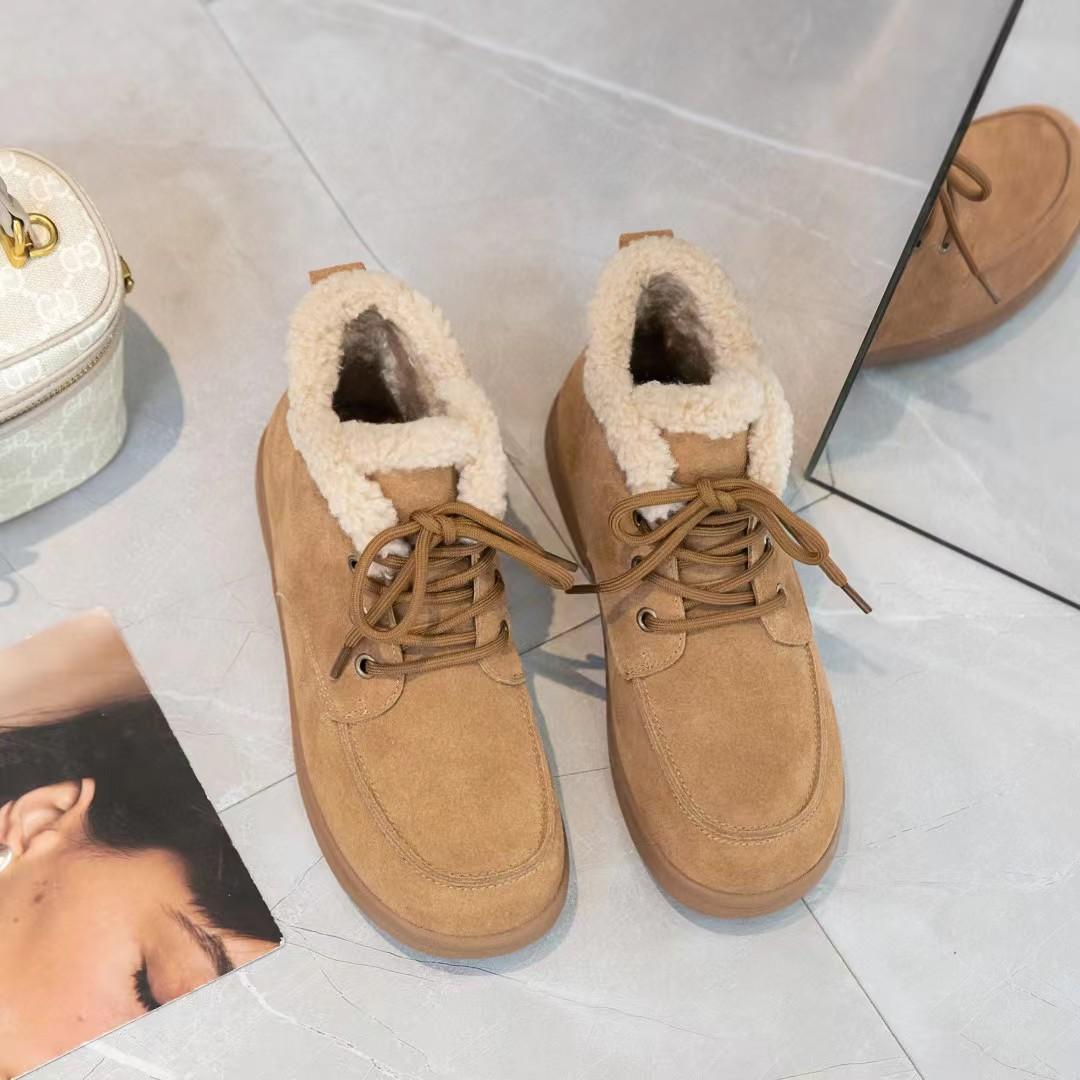 

Leather snow boots women s cotton shoes autumn and winter soft-soled piled thickened warm fluffy shoes flat-soled lace-up short boots 40 верблюд