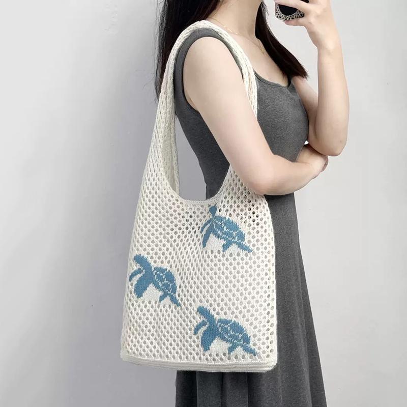 Yogodlns Trendy Large Capacity Crochet Tote Bag Turtle Korean Style Hollow Woven Bag Polyester Embroidered Knitting Handbag Daily
