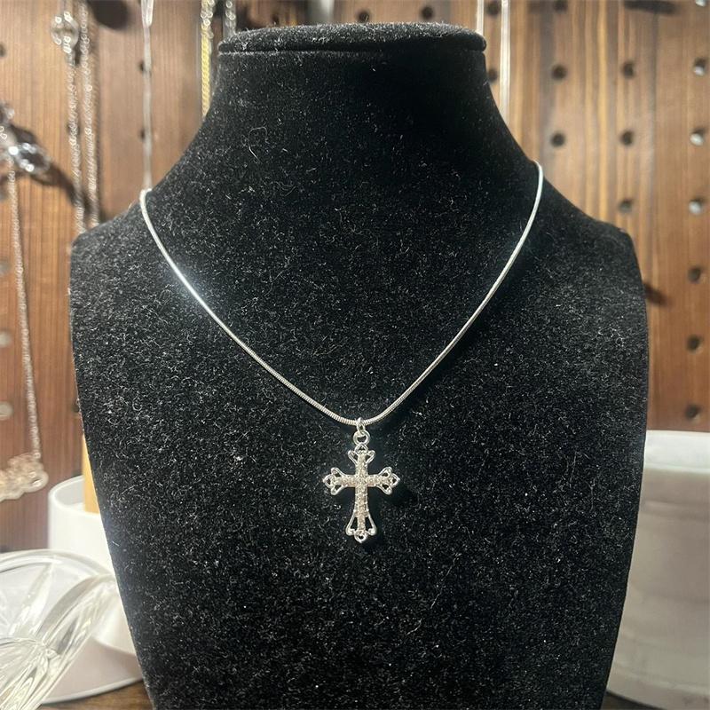 Handmade Gothic Stainless Steel Snake Cord Necklace With Mini Rhinestone Cross Pendant
