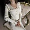 Womens Knit Midi Dress With Ruffled Collar High Waist Elegant French Vintage Style Long Sleeve Solid Color