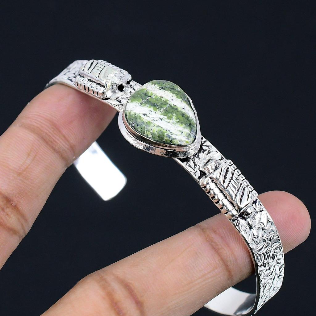 Natural Green Swiss Opal Gemstone Bangle Adjustable 925 Sterling Silver Jewelry