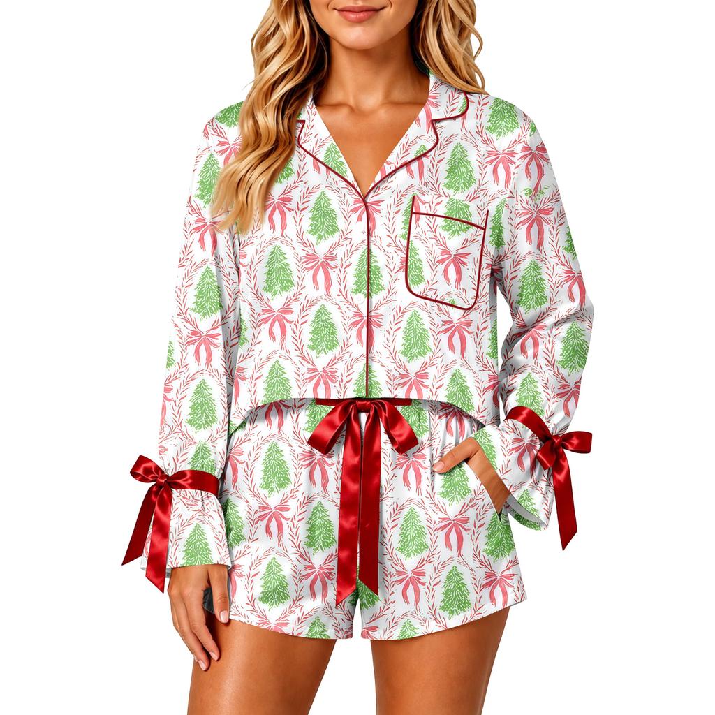 Women's Christmas Two Piece Pajama Set with Button Down Shirt and Shorts Sleepwear