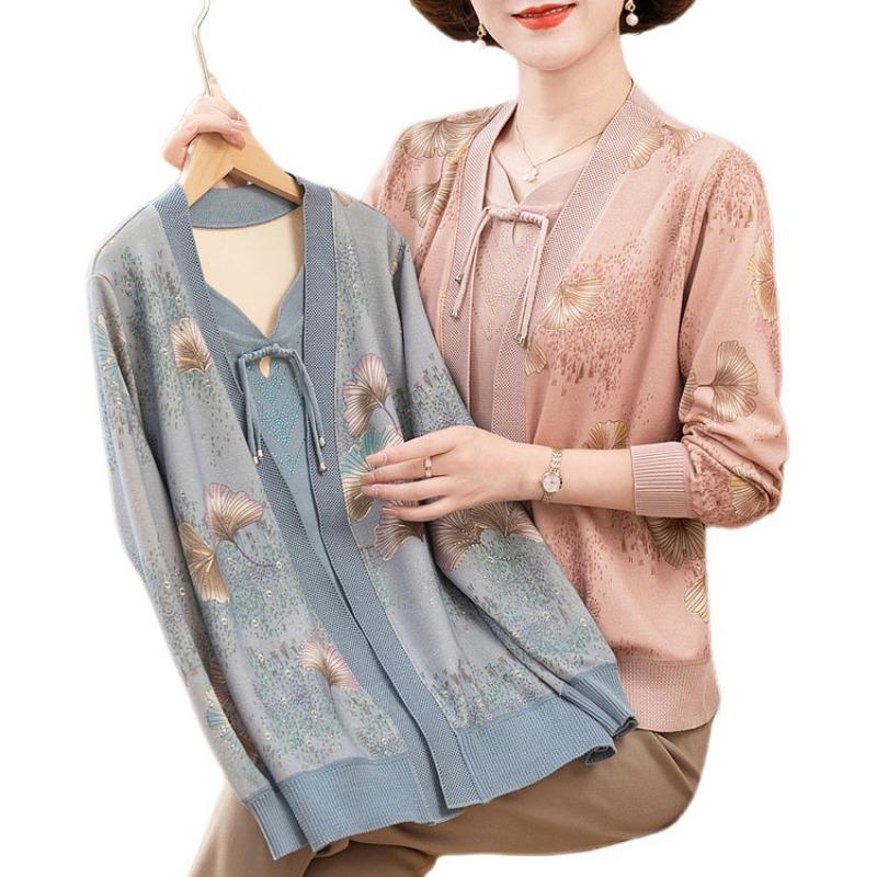 Middle-aged new knitted sweater cardigan two-piece set grandma autumn sweater set autumn age-reducing mother set