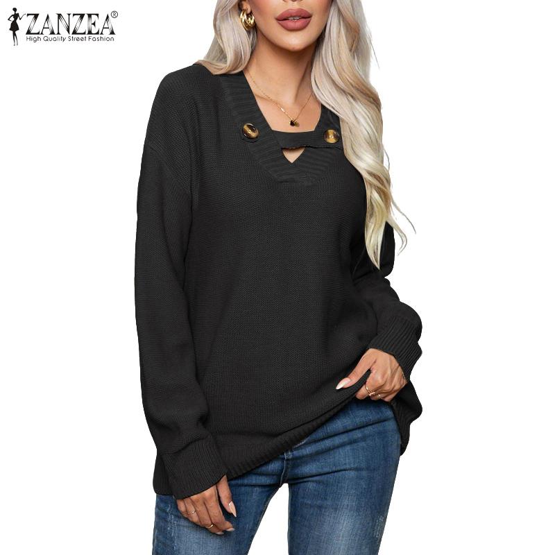 

ZANZEA Осень Женский V-образный вырез Длинный рукав Однотонный Повседневный Свободный Свитера Джемперы L чёрный