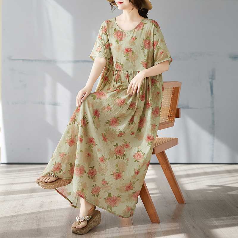 Summer Short Sleeved Round Neck Bohemian Long Skirt