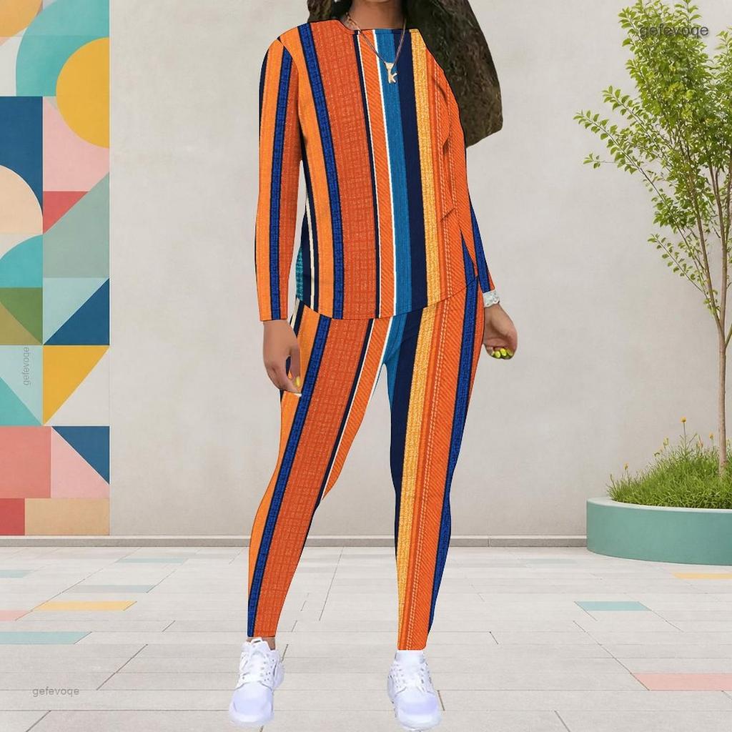 Women Plus Size White Printed Round Neck Long Sleeve Top Fitted Pants Two Piece Set