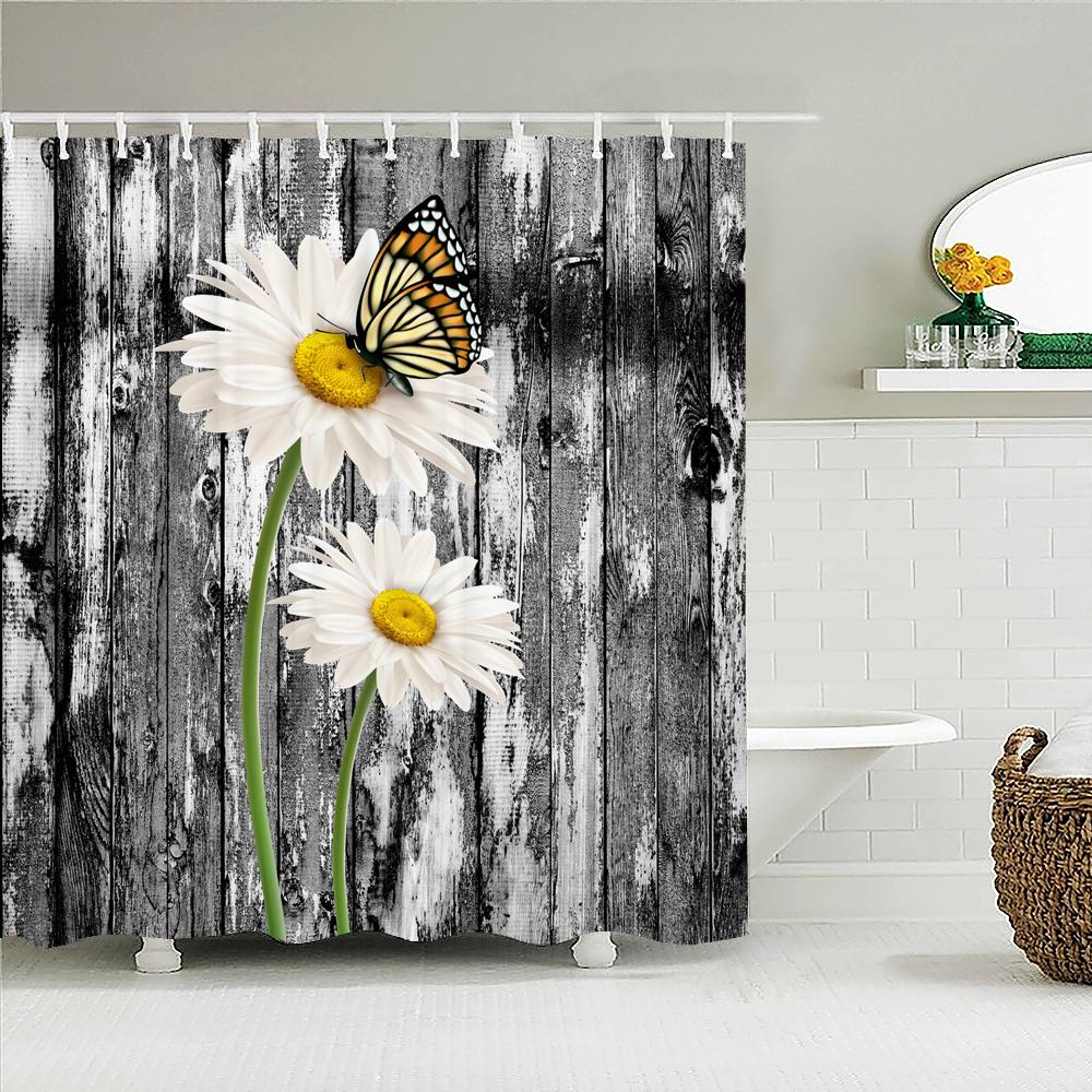 Vattentät Duschdraperi med Blommor Gräs Växt Stenmur för Badrum Badgardiner Extra Lång 180*200 CM 3d Duschdraperi