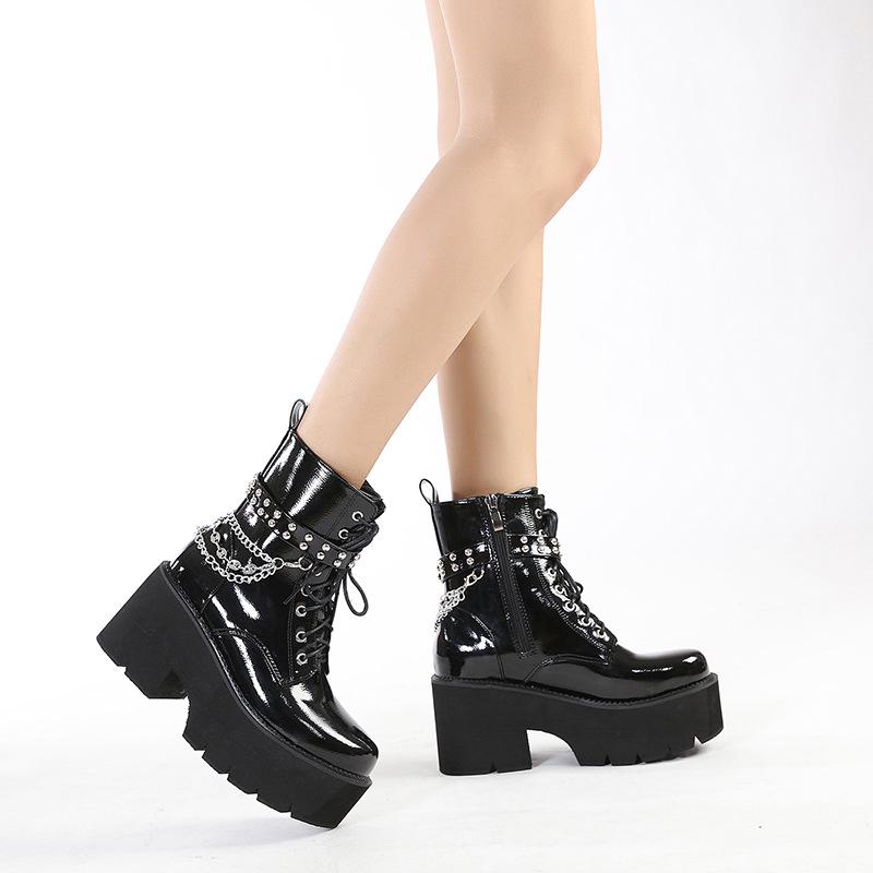 Wasserdichte Plateau-Martinsstiefel für Damen mit klobigem Absatz und dicken Sohlen, High Heels, Schnürung, Metallketten und Übergrößen erhältlich.