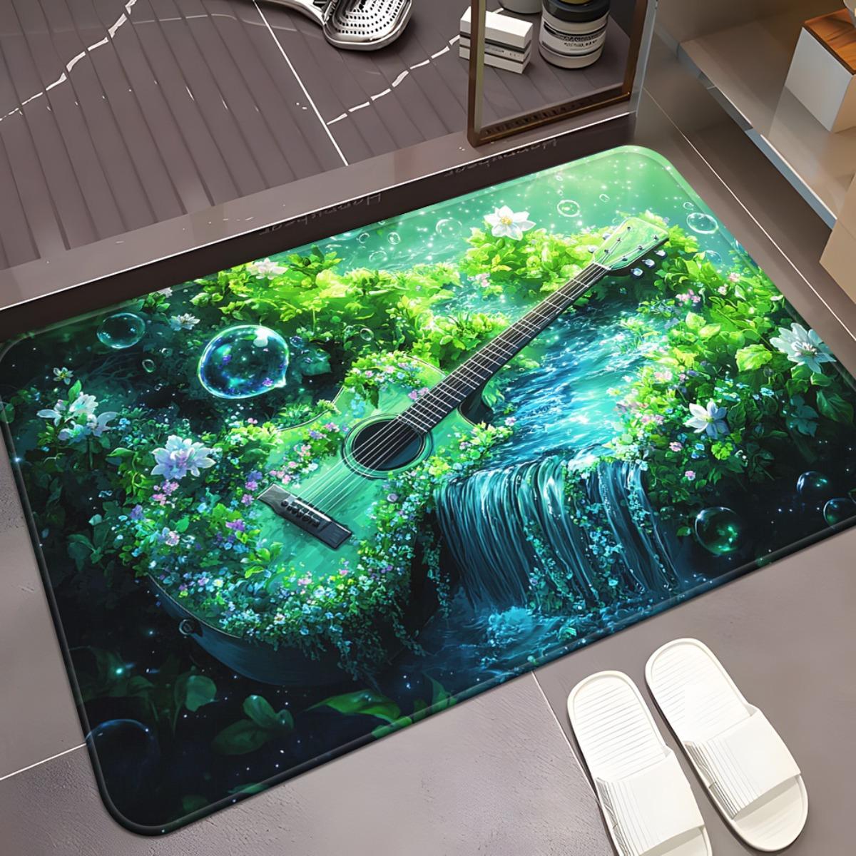 

1pc Guitar Surrounded by Greenery Pattern HD Printed Door Mat, Non-Slip Bathroom Floor Mats, Microfiber Absorbent Machine Washab 40x60cm
