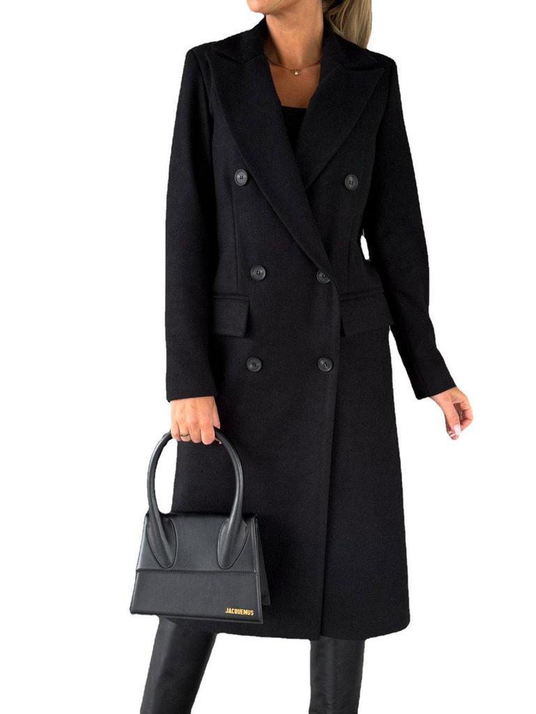 Women's Spring 2025 Versatile Woolen Double-Breasted Long Sleeve Coat with Welt Pockets