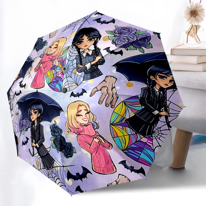 1pc Wednesday Addams Automatic Folding Umbrella, Durable Plastic & Iron, Lightweight for Outdoor Daily Use 018