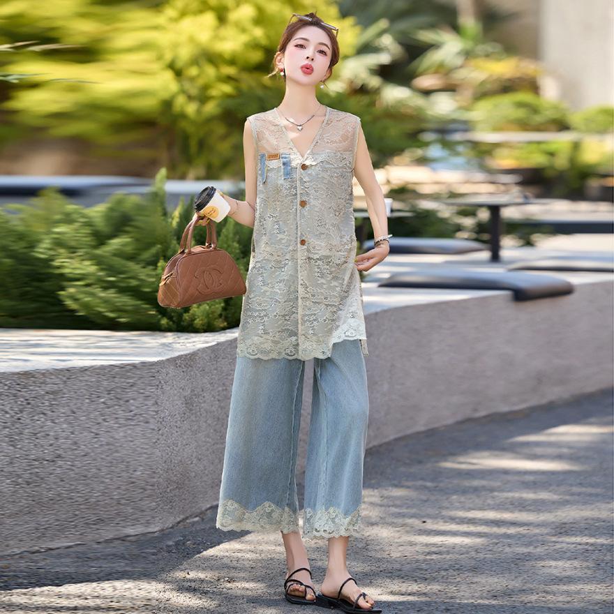 

Design lace embroidered vest blouse denim wide-leg pants set women s new fashion two-piece set XXL