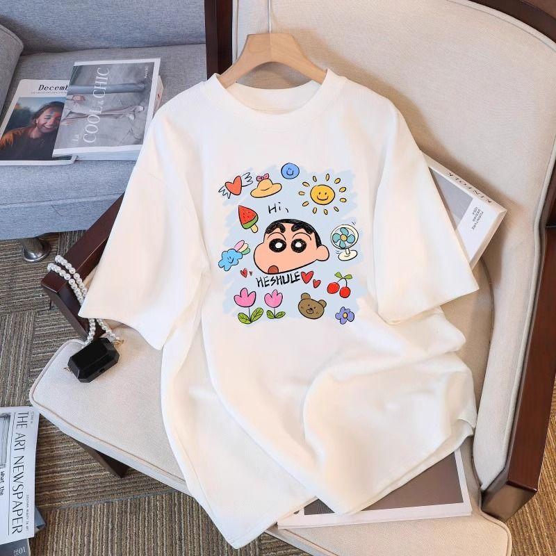 

2026 Summer Comic Form Crayon Shinchan Image 100 Cotton Printed Oversize Casual Tshirt Adult Children Parentchild Top y2k S