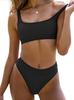 Chic Pittig Effen Tweekleurig Zwempak voor Dames - Sexy Sportieve Bikini 2025, Zwart