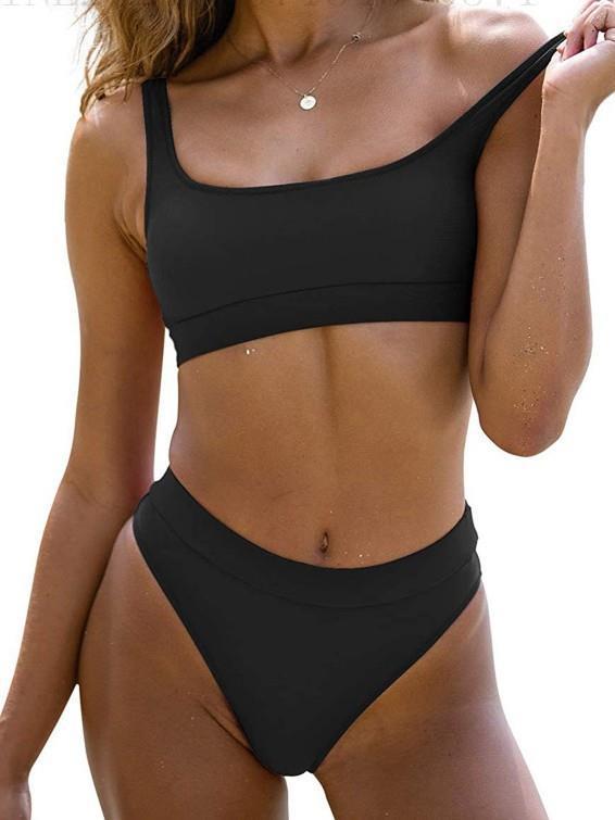 Chic Pittig Effen Tweekleurig Zwempak voor Dames - Sexy Sportieve Bikini 2025, Zwart