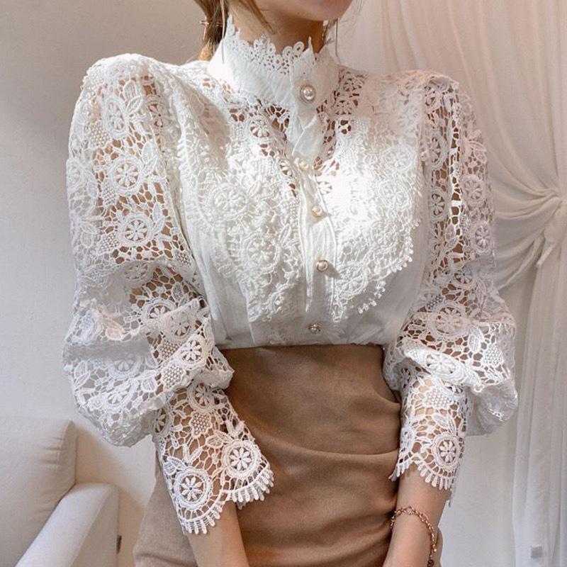 2025 Autumn Women's Loose Chic Button-Up Lace Patchwork Long Sleeve Stand Collar Shirt