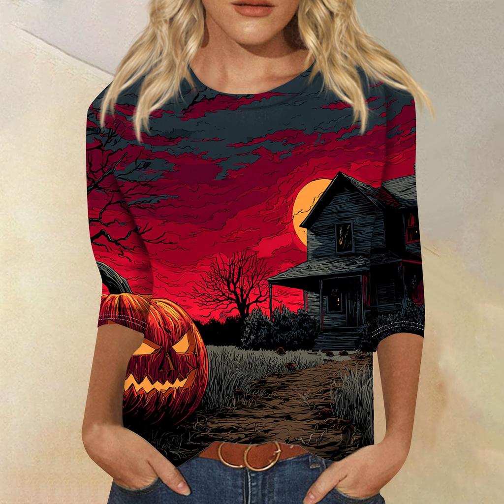Damenmode Lässig Rundhals Dreiviertelarm Halloween Bedrucktes T-Shirt Top