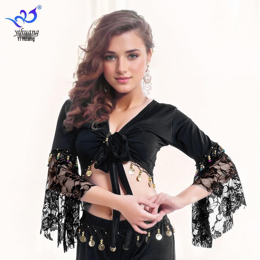 Belly Dance Lace Top with Flared Sleeves and Tassels for Performances