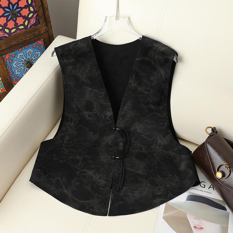 

Vintage Chinese Style Short Vest with Jacquard Frog Buttons - Versatile Summer Shawl Outerwear 2XL (Recommended 115-125 Catty)