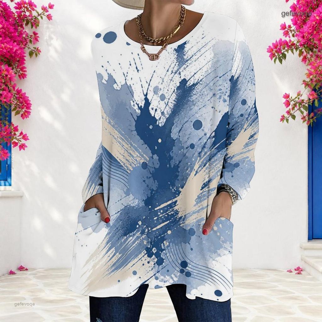 Women Plus Size Round Neck Long Sleeve Blue White Beige Printed Loose Longline T Shirt With Pockets