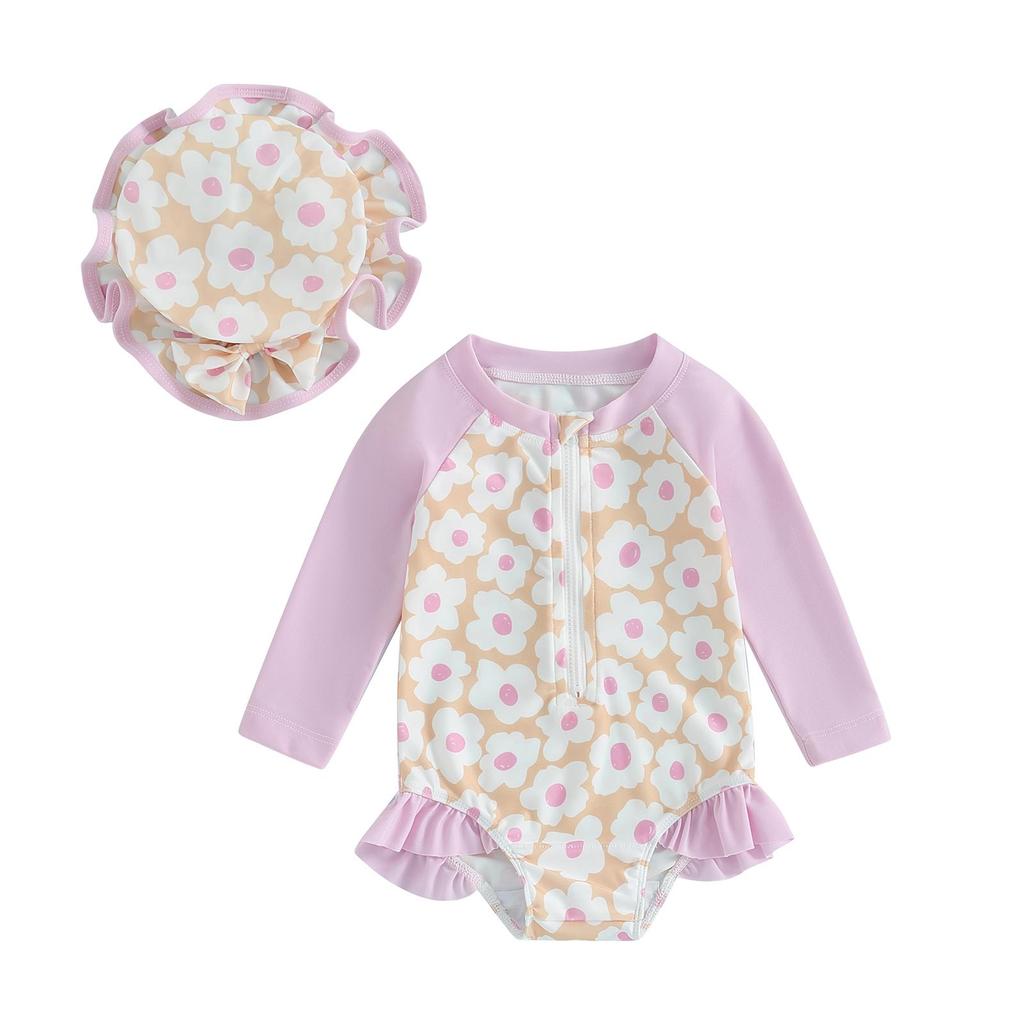 Toddler Girls Rash Guard Swimsuit Rompers  6 9 12 18 24 Months 3 Years Long Sleeve Patchwork Floral Print Suit Swimwear