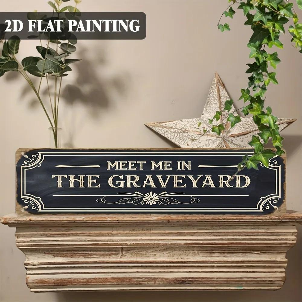 Spooky Graveyard 2D Flat Metal Sign, Gothic Wall Art for Bathroom, Cottage and Christmas Decor