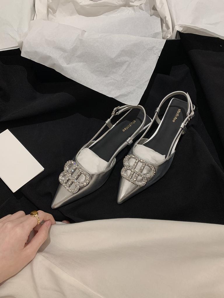 Sheepskin version~ Grape mother pointed head exquisite rhinestone buckle thin French back empty single shoes women's summer bag head sandals