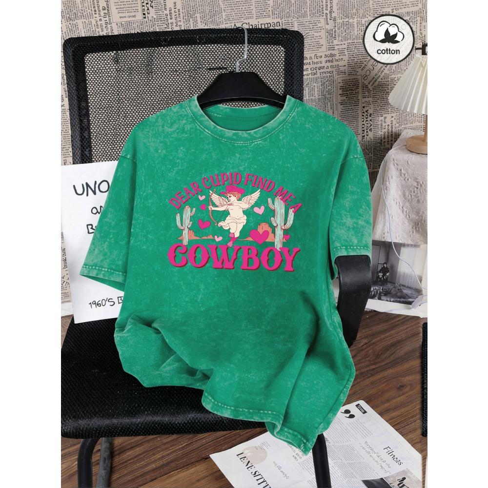 Dear Cupid Cowboy Desert Cactus Prints Washed T Shirts Womens Summer O-Neck Short Sleeve Trendy Cotton Top Loose T-Shirt