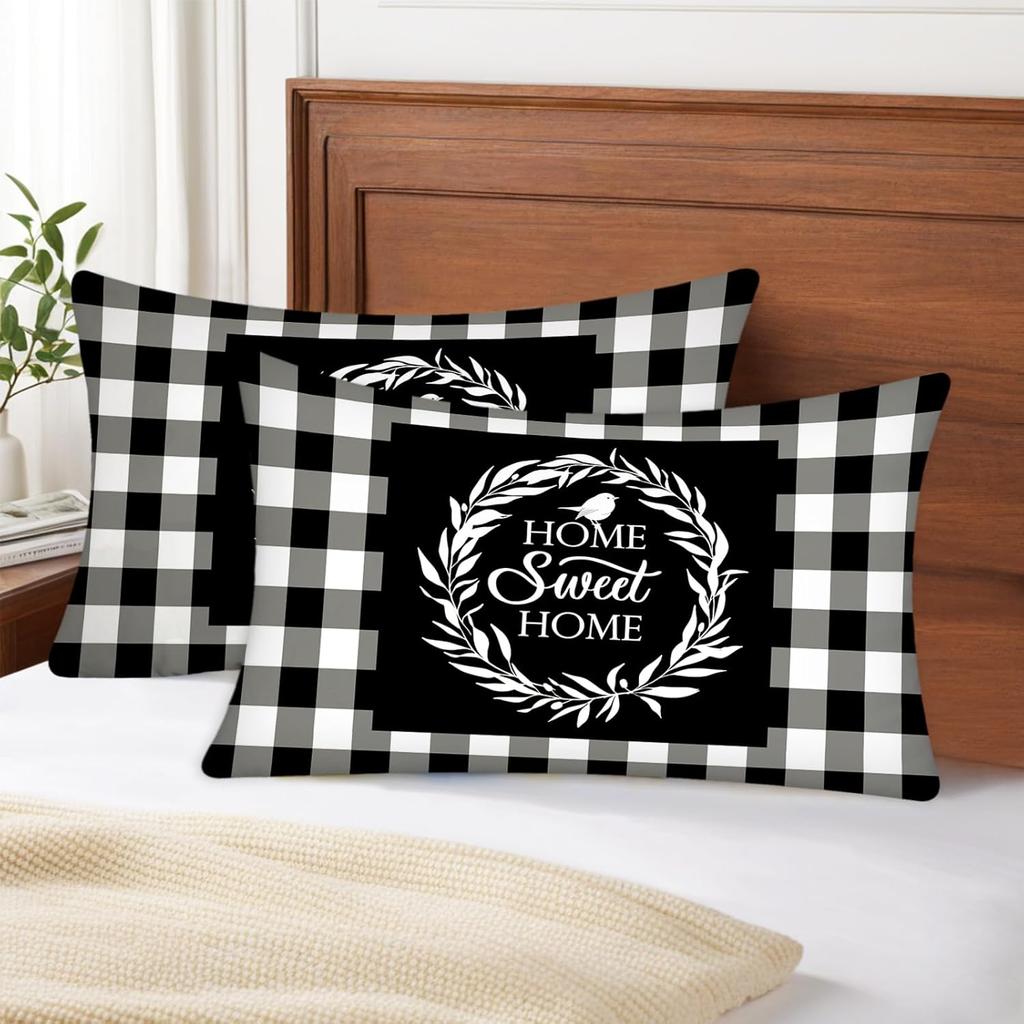 Plaid 12X20 Throw Pillow Covers Black and White Soft Throw Pillows for Couch, Sweet Home Decorative Couch Pillow Covers for Bedroom Living Room,