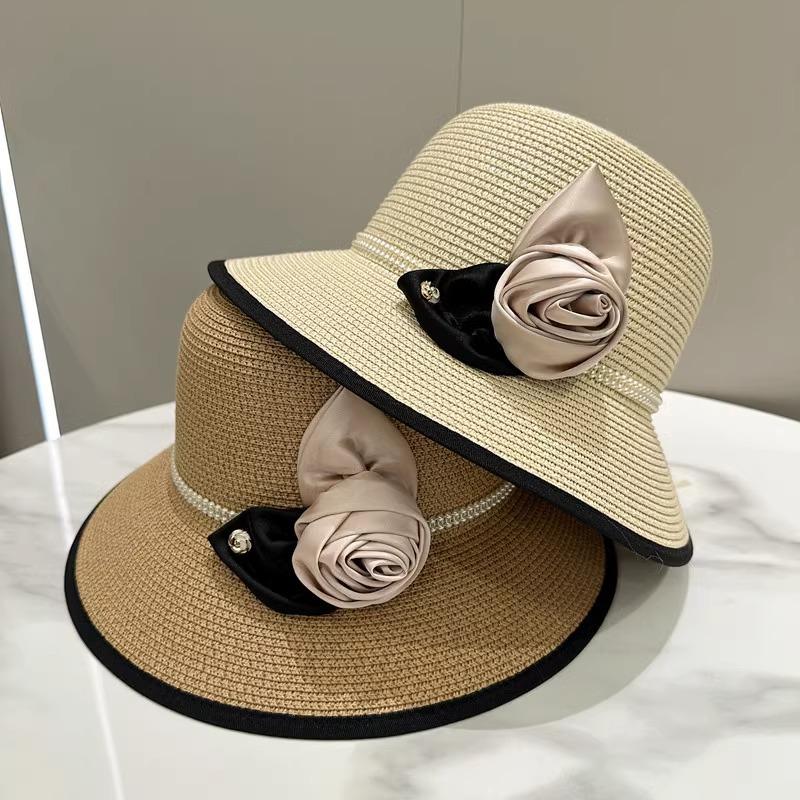 Vintage Rose Pearl Decorative Bucket Hat Women's Summer Sunshade Sunscreen Hepburn Style Straw Hat Bowler Hat