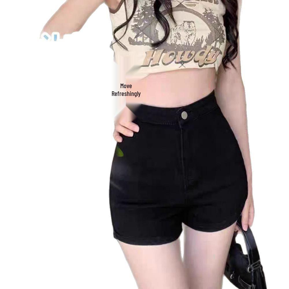 Women's High-Waist Black Denim Shorts - 2025 Slimming Elastic Hip-Wrap Hot Pants