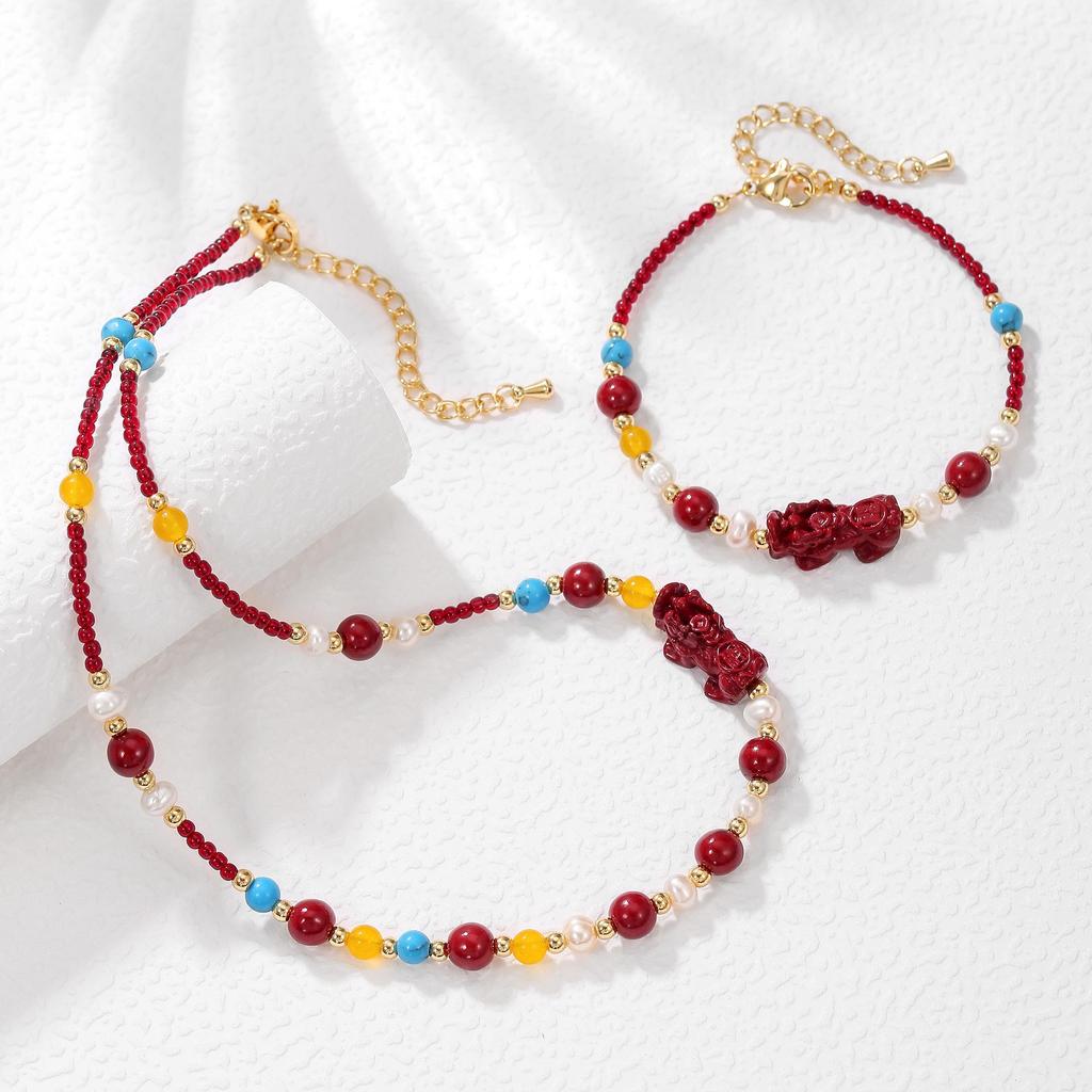 Luxe Cinnabar Pixiu & Zoetwaterparel Armband Ketting in Chinese Stijl