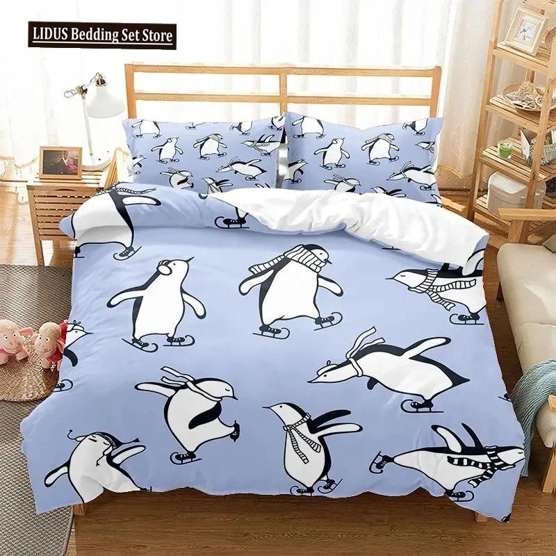 Cartoon Penguin Duvet Cover Set For Boys Girl Animated Antarctic Animal Polyester Quilt Cover White Black King Queen Size