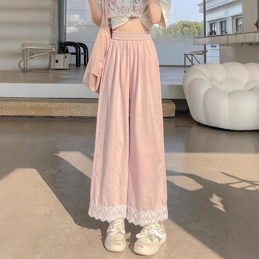 2025 Summer Retro Women’s Petite High-Waisted Wide-Leg Lace-Edged Pants