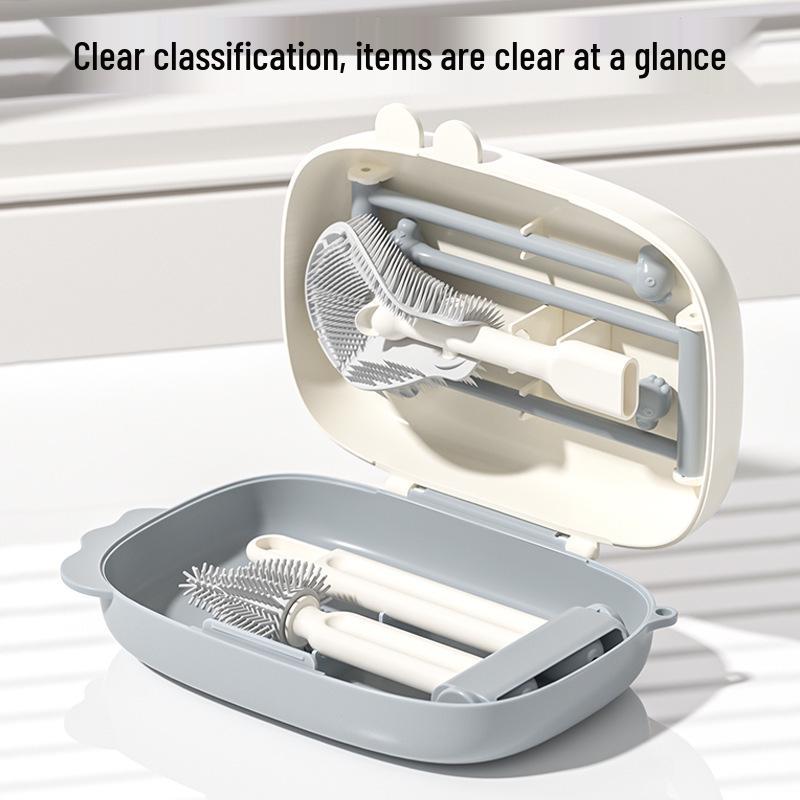 Portable Baby Bottle and Nipple Brush Set with Storage Box - Silicone Cleaning Tool