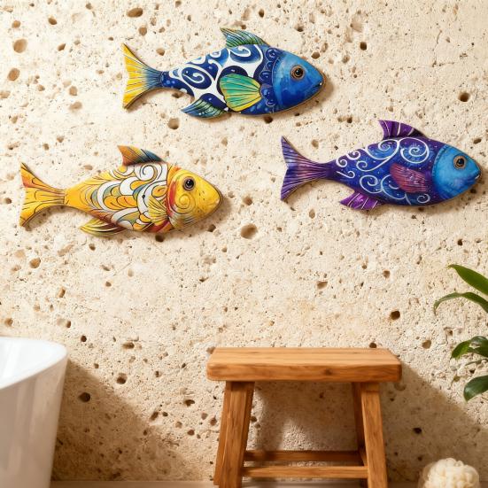 3 Pcs Wooden Fish Wall Art? Beach Nautical Coastal Theme Fish Wall Sculpture Rustic Lake House Hanging Decor for Linving Room Bedroom Home Decoration