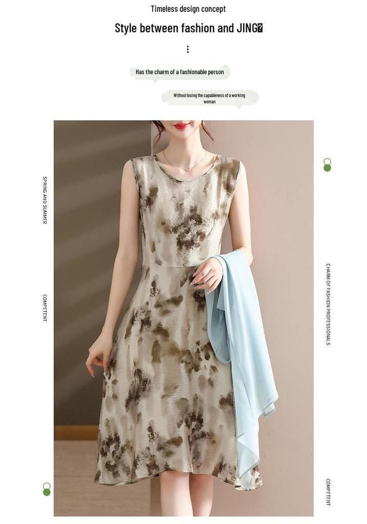Elegant Chiffon Summer Dress Set for Mature and Elderly Women - Stylish Two-Piece Skirt Ensemble