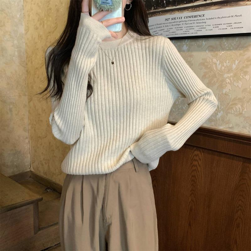 Front shoulder knitted sweater women's soft waxy texture sweater autumn and winter style waist and thin inner long-sleeved bottoming top