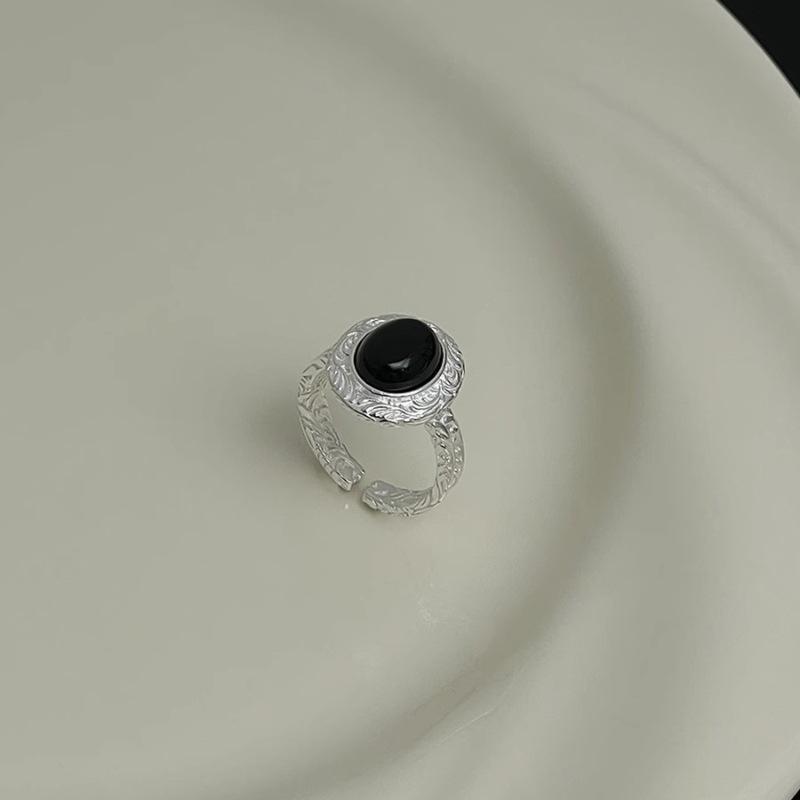 PANJBJ 925 Sterling Silver Geometric Black Stone Rings for Women Girl Korean Simple Adjustable Couple Jewelry Dropshipping
