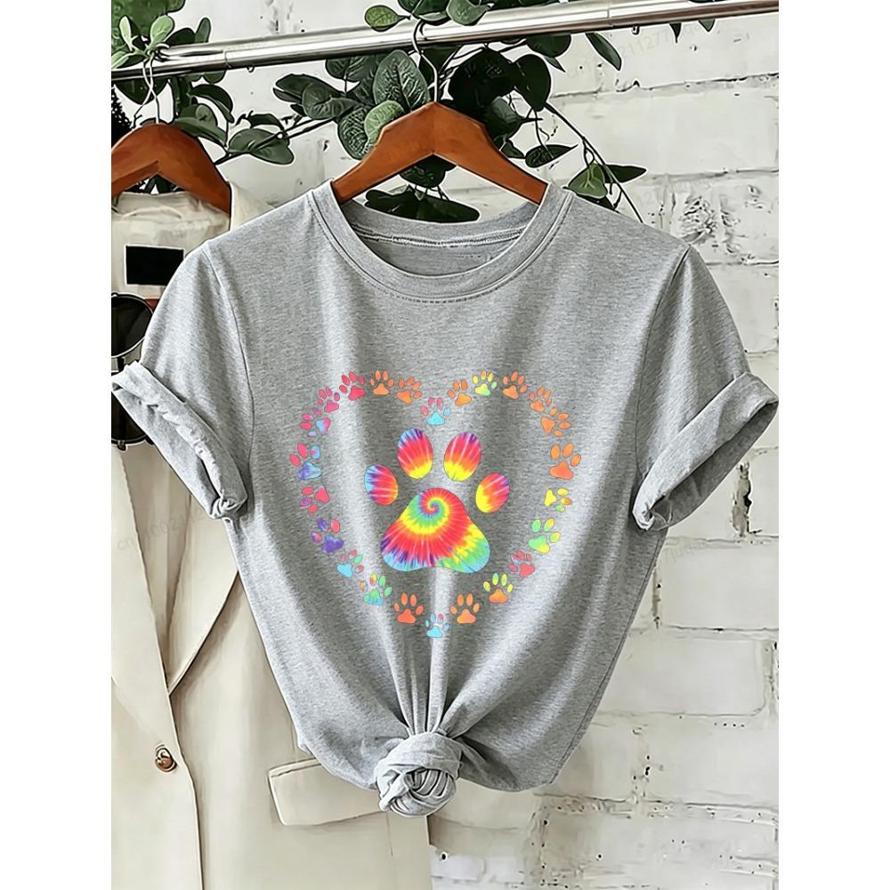 Dog Paw Print Heart Animal Lover T-Shirts Colorful Dog Paw Colorful Dog Paw Shirts Heart Anime Women's T-Shirts Short Sleeve