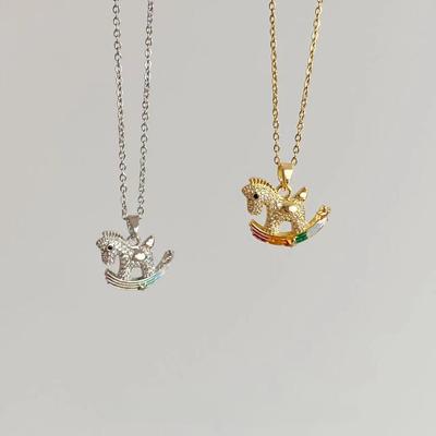 New Korean Style Titanium Steel Necklace Micro-Set Zirconia Small Horse Pendant Simple Elegant Fashion Trend Gold Plated Copper