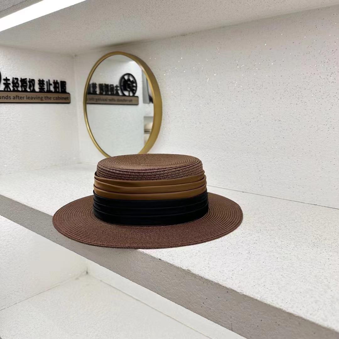 

2025 spring and summer French new color matching ribbon flat top straw hat children s big eaves outdoor seaside sunshade beach hat M（56-58cm） кофейный