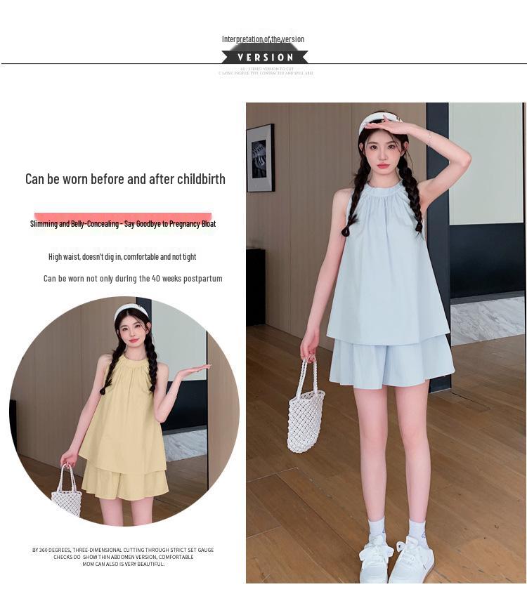 Francuski Uroczy Ciążowy Zestaw Babydoll Bez Rękawów Top i Szorty - Lato 2024