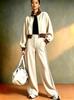 Women's 2026 Autumn Color Block Suit: Short Zip-Up Baseball Collar Jacket & High-Waisted Wide-Leg Pants with Side Stripes