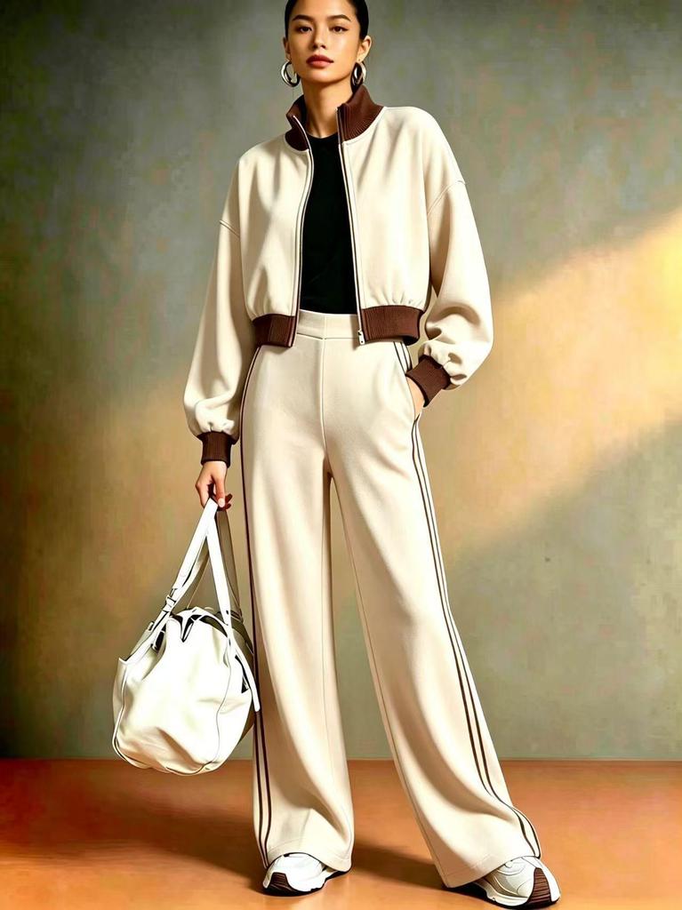 Women's 2026 Autumn Color Block Suit: Short Zip-Up Baseball Collar Jacket & High-Waisted Wide-Leg Pants with Side Stripes