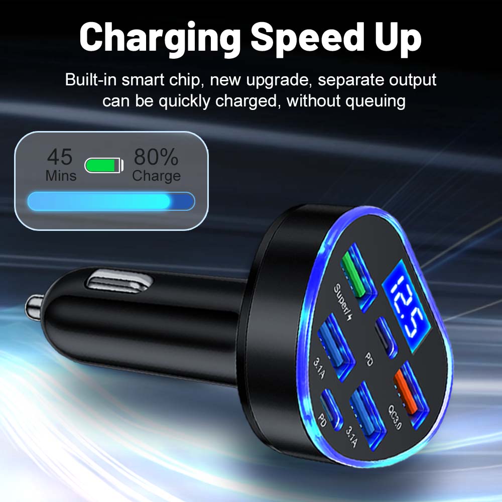 100W Car Charger PD QC3.0 6 Ports Fast Charging Adapter for IPhone USB Type C Socket Charger