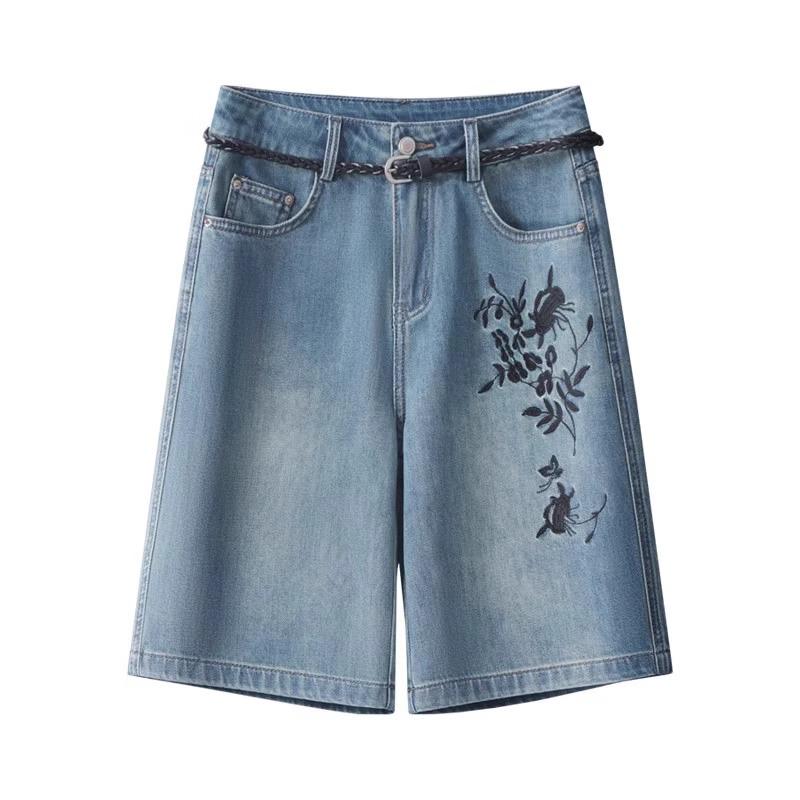 

Summer 2025 Women s Embroidered High-Waist Denim Shorts: Loose, Wide-Leg, Mid-Length Design 2XL [125-135 Jin] синий
