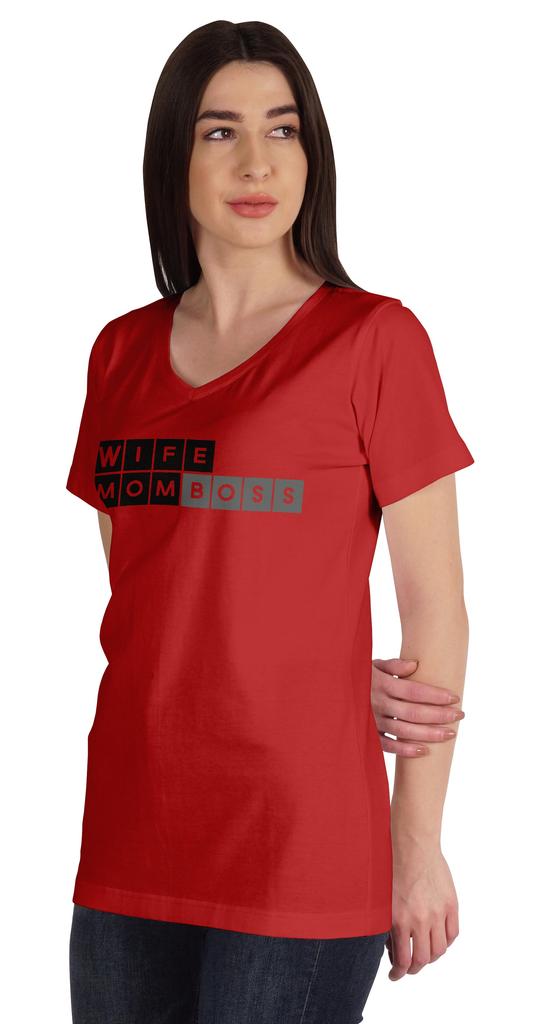 Inkmeso Wife Mom Boss Women Tshirt Cotton Top V-neck Mother’s Graphic Tee Shirt