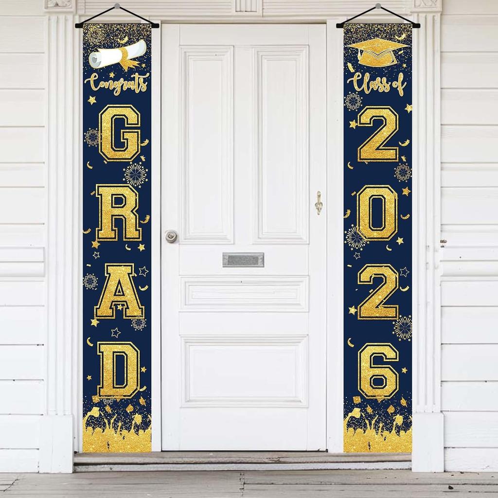 Green and Gold Graduation Decorations Class of 2026 Hanging Grad Banner - green Gold Congrats Grad Banner Porch Sign for Front Door, Graduate Door